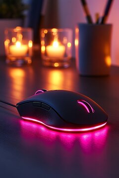 Gaming mouse lit, candles, desk