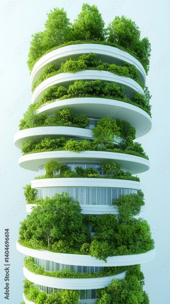 Poster nature conservation concept. futuristic building design with greenery integrated into architecture.