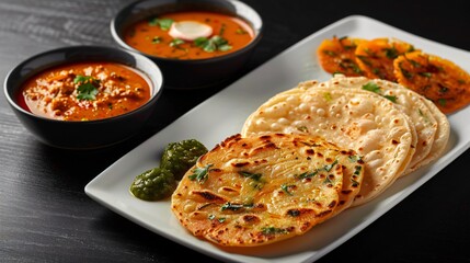 South Indian dish of sattu parottas on a white platter with Kerala-style chutney and vegetable soup