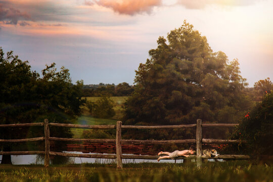 Boy and cat sitting on fence post in summer time