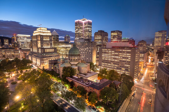 Montreal city night skyline view over Dorchester Square