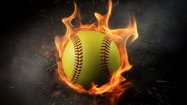 Intense softball with vibrant fire effect and dynamic dark background