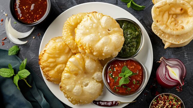 South Indian dish of sattu parottas on a white platter with Kerala-style chutney and vegetable soup