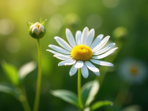 medicinal herbs and berries, traditional medicine Beautiful white flower with a yellow center stands out in a lush green field - Powered by Adobe