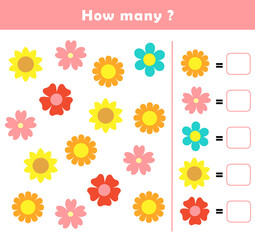 Count and write numbers. Counting objects worksheet for kids. Educational fun game for children. Kindergarten Counting Worksheet. How many counting game with cute flower illustration.