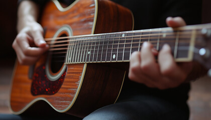 Fototapeta premium Close-up of a Person Playing an Acoustic Guitar