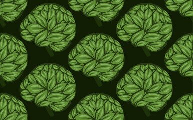 Vector seamless pattern with healthy brain from foliage on dark green background. Texture with eco brains for wallpaper.