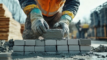 Professional bricklayer applying mortar evenly. Featuring precision and durability