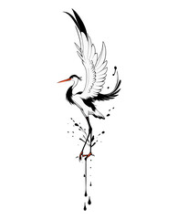 Black and white heron spreads its graceful wings. Water bird illustration for tattoo or print. Oriental style wildlife scene with drops for wall art decor