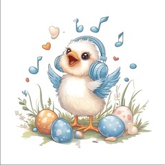 Adorable Chick with Headphones and Easter Eggs