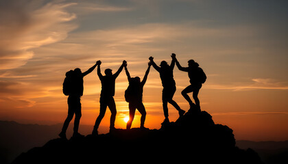 Fototapeta premium Celebrating friendship and achievement mountain summit group photo sunset silhouette adventure
