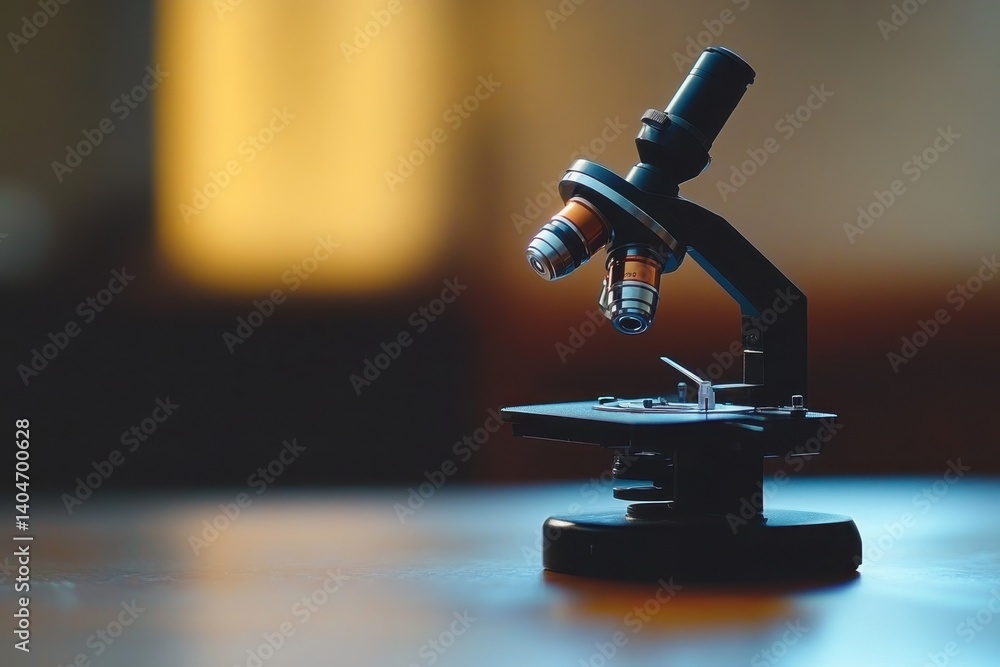 Aufkleber high-quality microscope on wooden table with warm background light in a laboratory setting