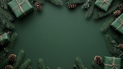 Green Christmas gifts and pine branches frame