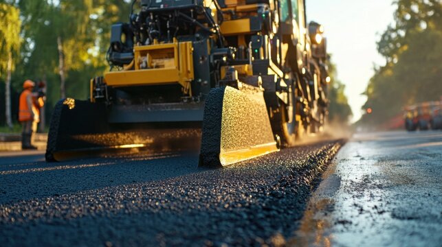 Road paver operating asphalt machine for smooth highway surfacing. Featuring precision and durability