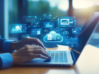  A remote worker accessing cloud-based business applications on a laptop, with icons representing various cloud services like storage and collaboration tools,