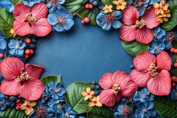 Floral frame with hibiscus, small blue, and yellow flowers on lush green leaves and berries