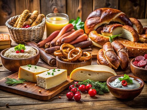 Hearty Delights: A rustic spread of German-inspired fare, featuring an assortment of sausages, pretzels, cheeses, and fresh juice, evokes a sense of warmth and abundance.