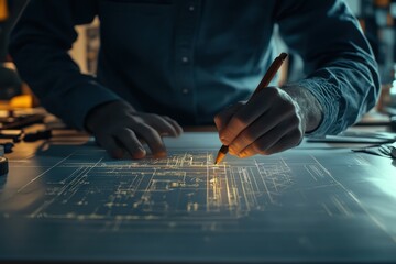 Artist creates intricate architectural designs in a dimly lit workshop with glowing tools