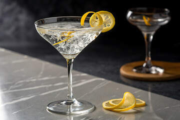 Premium Cocktail Close-Up – Lemon-Twist Martini on Reflective Table.
