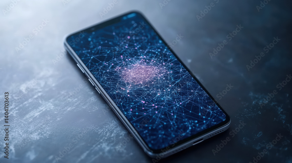 Poster smartphone displaying network of interconnected nodes, symbolizing digital connectivity