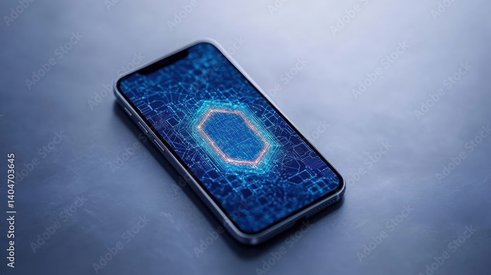 Poster smartphone displaying digital circuit design on screen, symbolizing technology and innovation