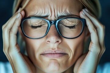 Feeling overwhelmed woman with glasses grimacing in pain while holding head, likely experiencing stress or migraine symptoms