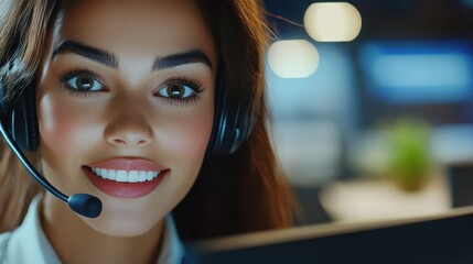 Smiling customer service representative wearing headset in modern office setting during evening hours