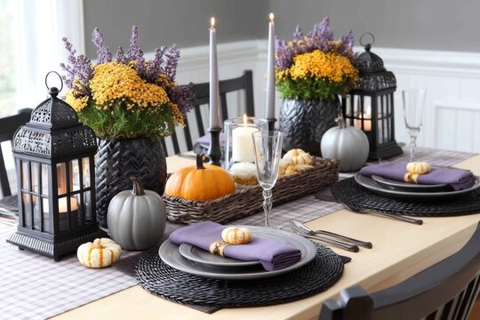 A Halloween table setup with themed snacks, candles, and scary centerpieces
