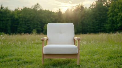Fototapeta premium cozy reading chair sits in serene wild garden, illuminated by golden light