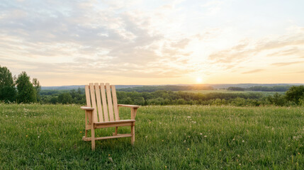 wooden chair sits in lush green field, overlooking serene sunset landscape