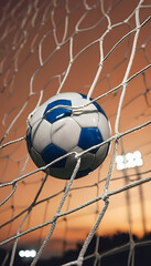 Naklejka premium Soccer Ball Caught in Goal Net at Sunset with Stadium Lights Glowing in Background – Dramatic Orange Sky and Evening Sports Atmosphere