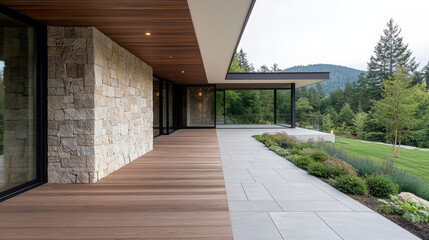 Modern architecture blends stone and wood, creating serene outdoor space