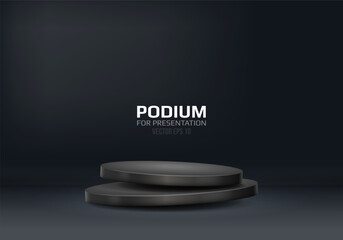 Black podium on dark background. Empty pedestal for award ceremony or product presentation. Vector illustration.
