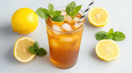 Refreshing iced tea with lemon and mint garnished