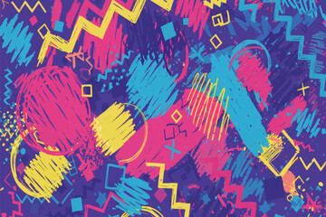 Vibrant Abstract Design: A kaleidoscope of shapes and colors, featuring scribbles, and patterns in a dynamic composition that evokes energy and visual intrigue. 