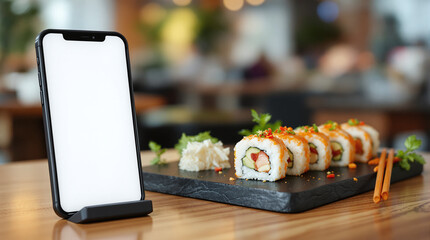 A smartphone with a white screen lies on a table near sushi set in a cafe, perfect as a mockup for food delivery, apps and restaurant business
