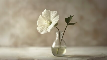 Elegant white flower in a glass vase against a soft, blurred background, creating a serene atmosphere