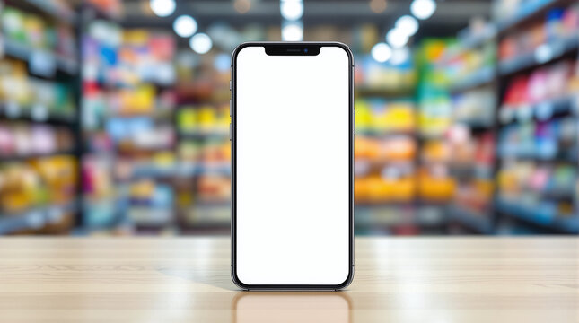 Minimalistic smartphone with a blank screen against the background of a grocery supermarket - a symbol of digital commerce, delivery and mobile shopping