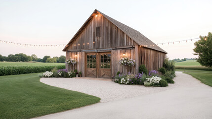 Obraz premium Rustic barn with string lights and beautiful landscaping in serene countryside setting