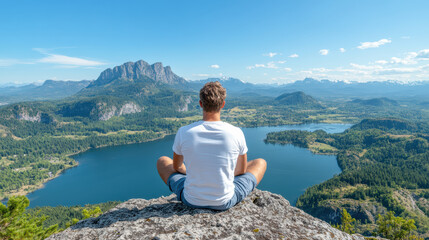 Fototapeta premium solo traveler enjoys scenic overlook, meditating cliff with breathtaking view of mountains