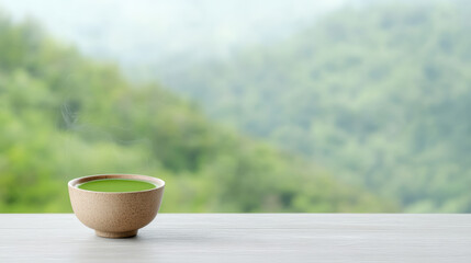 serene matcha bowl sits wooden table, surrounded by misty green landscape, evoking tranquility