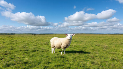 Fototapeta premium sheep stands peacefully in lush green field under bright blue sky with fluffy clouds