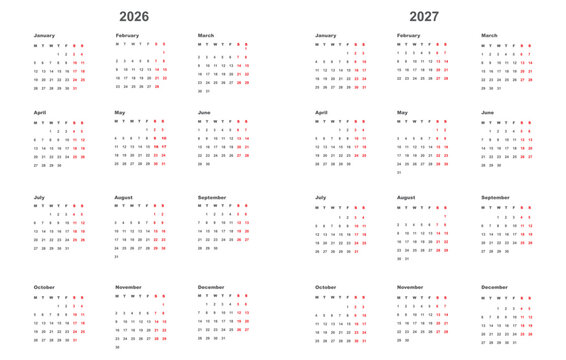Set Calendar 2026-2027 on White Background. The week starts on Monday. Vertical. Vector 10 eps
