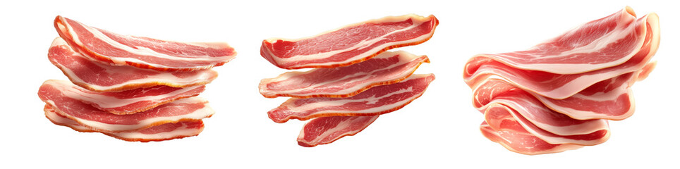 Obraz premium Set of Slices of raw bacon Pancetta with fat marbling, neatly stacked, isolated on white transparent background.