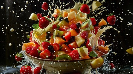 A bowl of fruit and milk cereal, with fruit pieces splashing in the air, against a black background