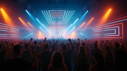 People are dancing and raising their hands at an electronic music festival, enjoying the vibrant atmosphere with neon lights illuminating the stage where a dj is performing