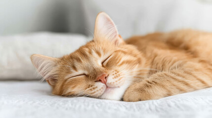 Sleeping orange cat with closed eyes, resting peacefully on soft surface