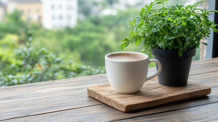 cozy coffee moment with cup and potted plant on wooden table, surrounded by greenery