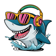 Cool shark cartoon character with headphones and sunglasses splashing in water. Fun aquatic animal for kids t shirt design. Graphic celebration, vector illustration
