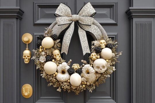 A decorated Halloween wreath with bones, ribbons, and small skulls on a dark door